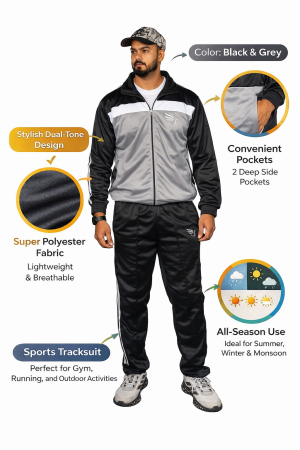 N Rising Men’s Black & Grey Premium Tracksuit | Sportswear Set | Jacket + Track Pant