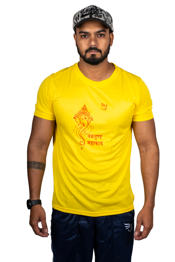 N Rising Men's Polyester T-Shirt with Ganesh Print – Yellow | Quick-Dry, Sports Wear, Round Neck, Comfortable Gym & Casual T-Shirt