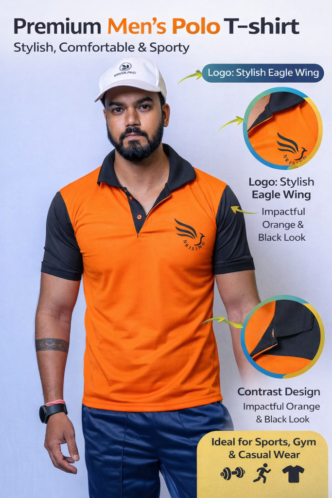 N Rising Men's Sports Polo T-Shirt – Orange & Black | Comfortable, Quick-Dry, Activewear