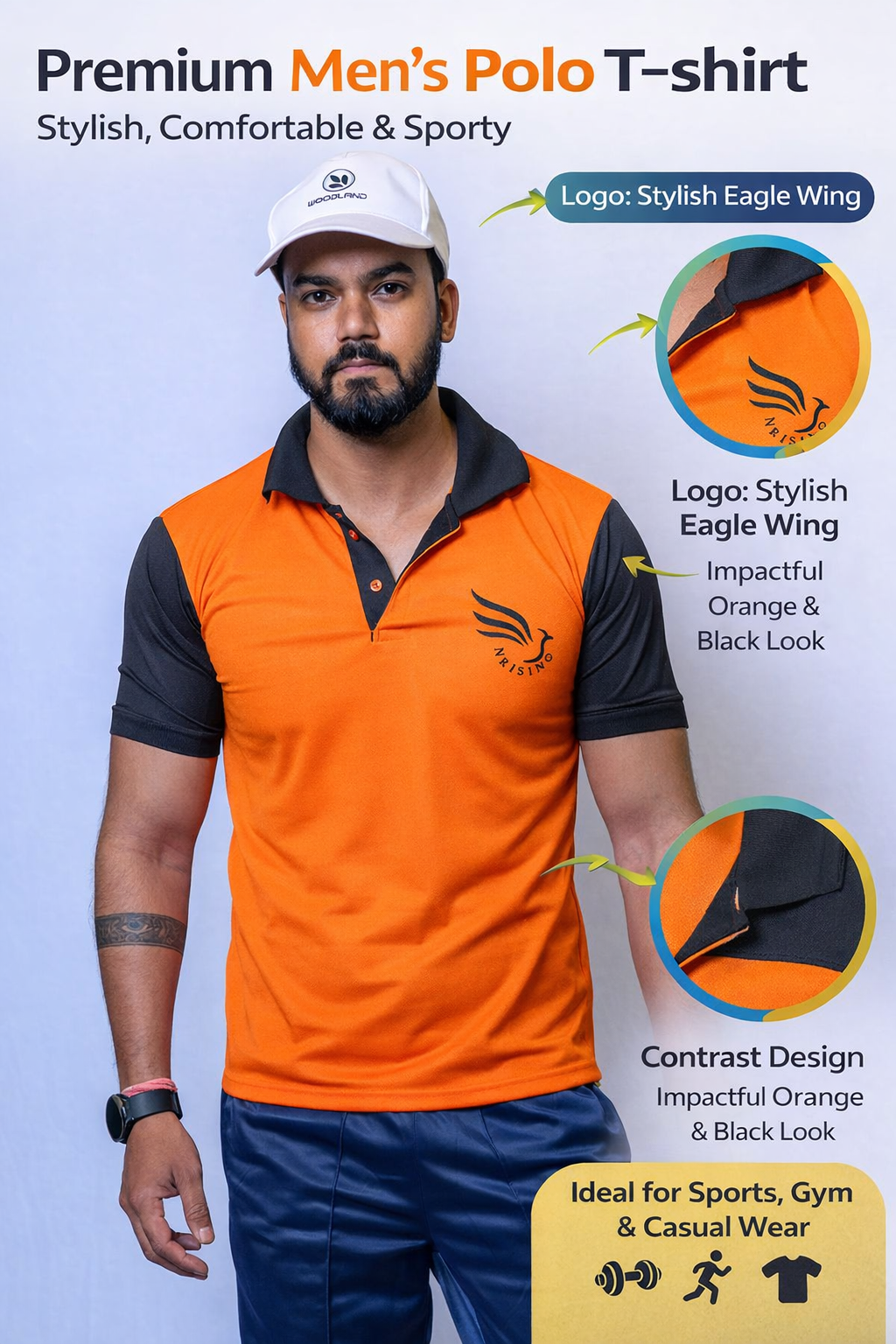 N Rising Men’s Sports Polo T-Shirt – Orange & Black | Comfortable, Quick-Dry, Activewear