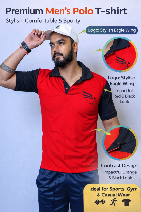 N Rising Men’s Sports Polo T-Shirt – Red & Black | Comfortable, Quick-Dry, Activewear
