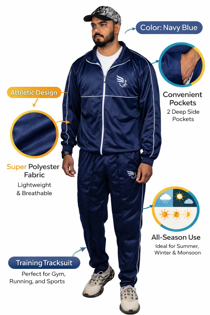 N Rising Men’s Navy Blue Tracksuit with White Piping | Premium Sportswear Set | Jacket & Track Pant