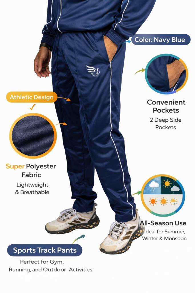 Men’s Navy Blue Polyester Track Pants with White Stripes | Regular Fit Sports & Gym Lower