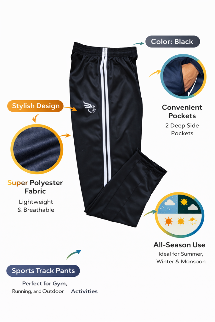 Men’s Black Polyester Track Pants with White Stripes | Regular Fit Sports & Gym Lower